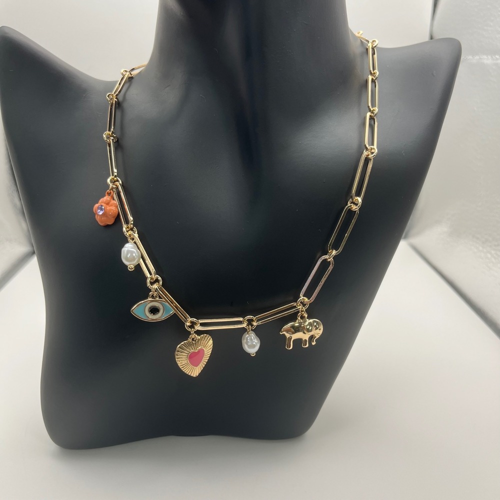 Ivory Ella Charm Necklace Gold Tone Flower Heart Eye Pearl Accent‎ Chain 16"